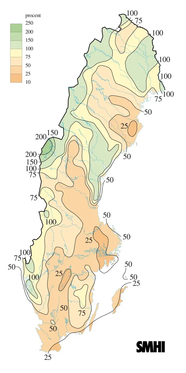 Karta över nederbörd i procent av det normala under januari 2006.