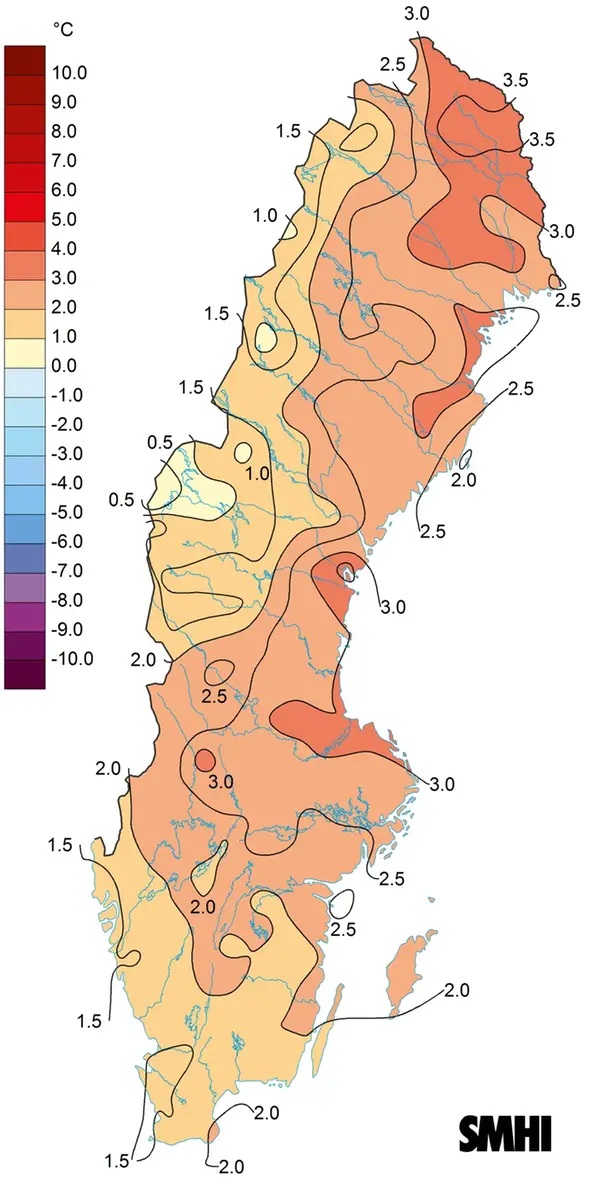 Temperaturavvikelse för vintern 2020/2021 utifrån referensnormalperioden 1961-1990.