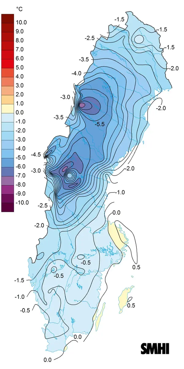 Temperaturavvikelsen i grader Celsius för januari 2021.