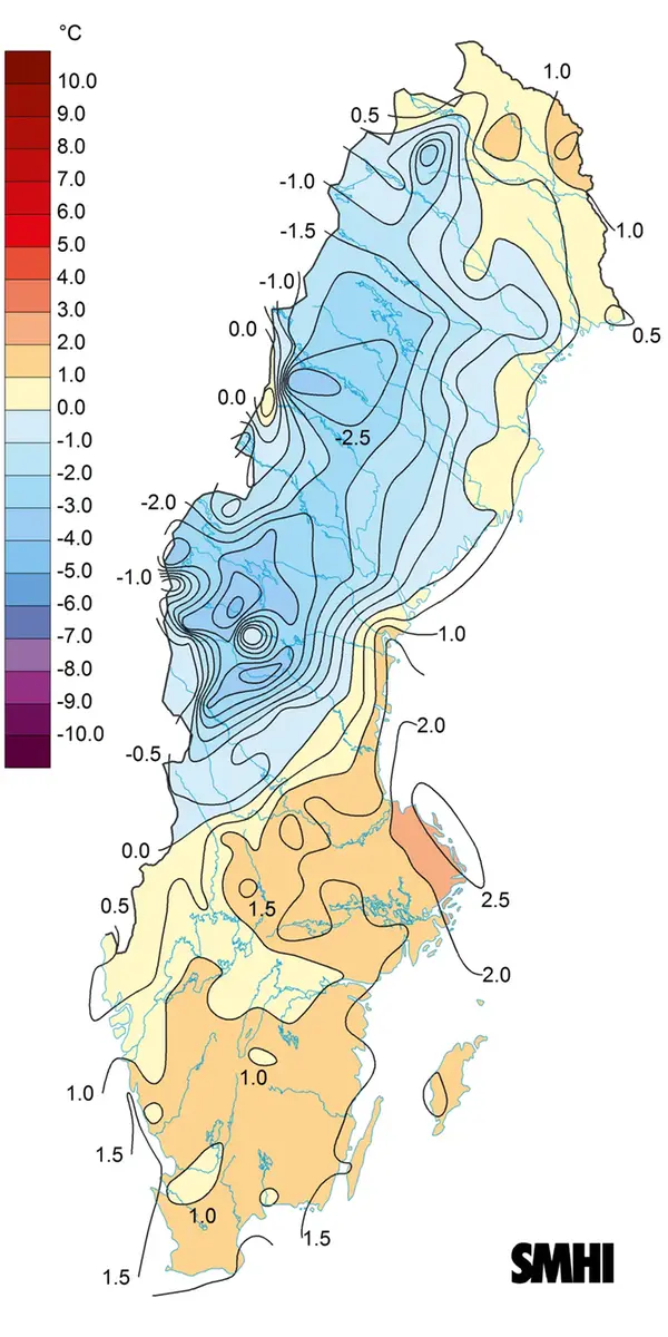 Temperaturavvikelse i grader Celsius för januari 2021 jämfört med referensnormalperioden 1961-1990.