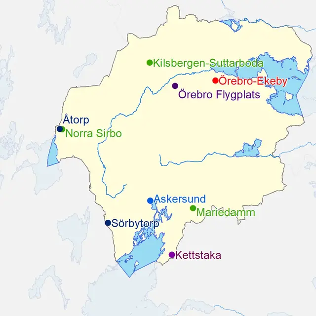 Karta över platser där väderextremer för Närke har uppmätts