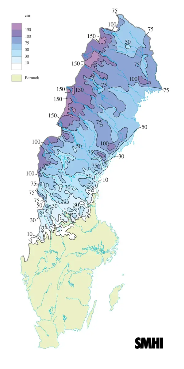 Snödjupskarta för 15 mars 2012.