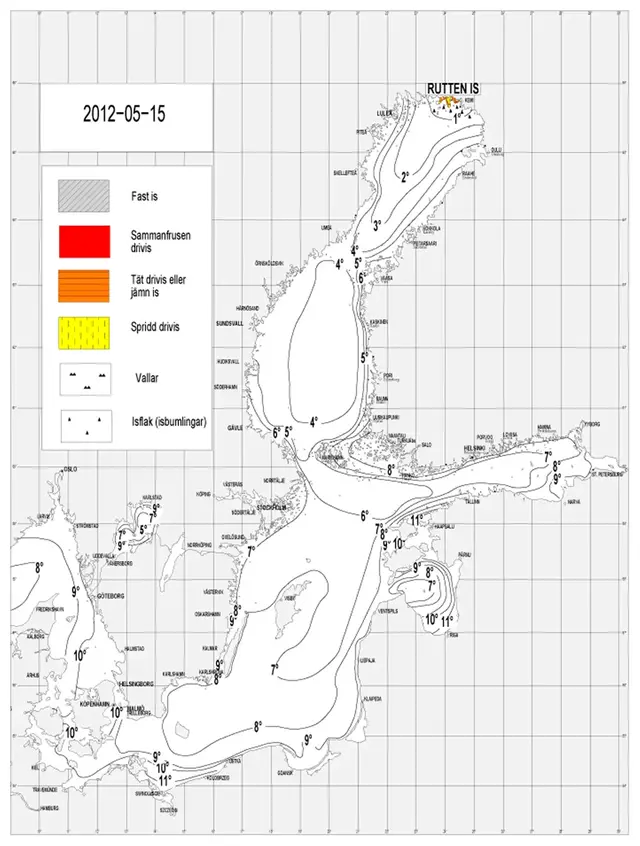 Karta över ytvattentemperatur i havet 15 maj 2012.