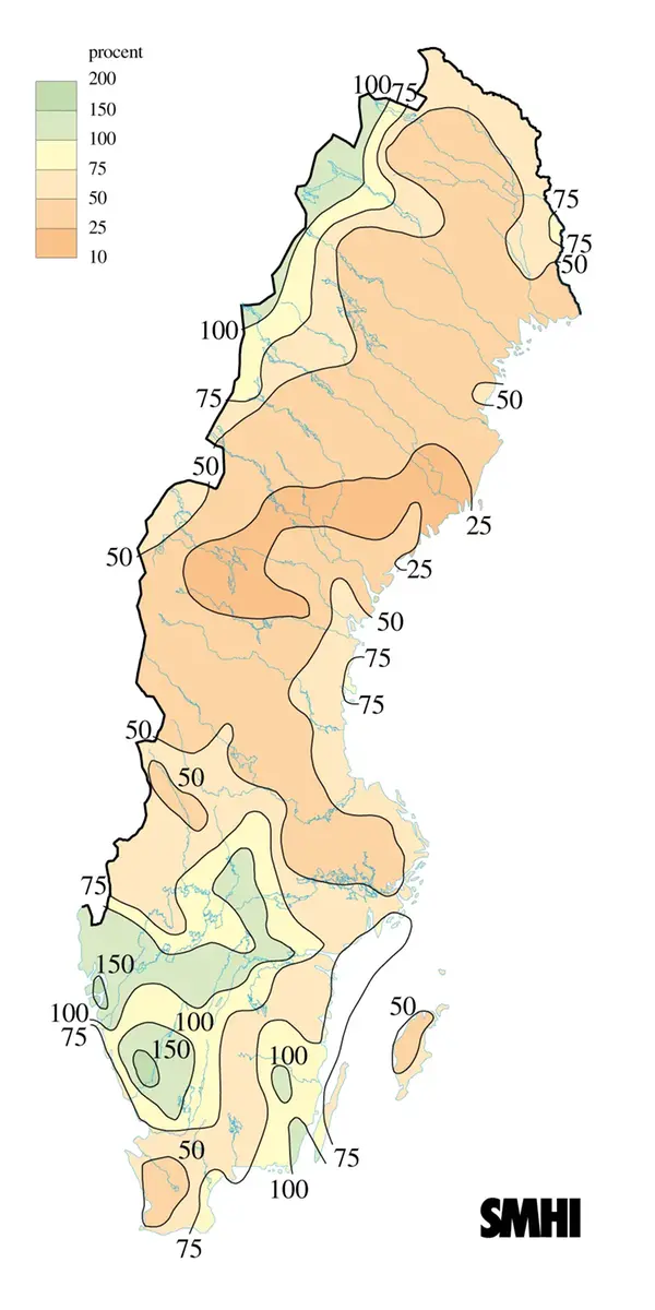 Karta över nederbörd i procent av det normala under september 2008.