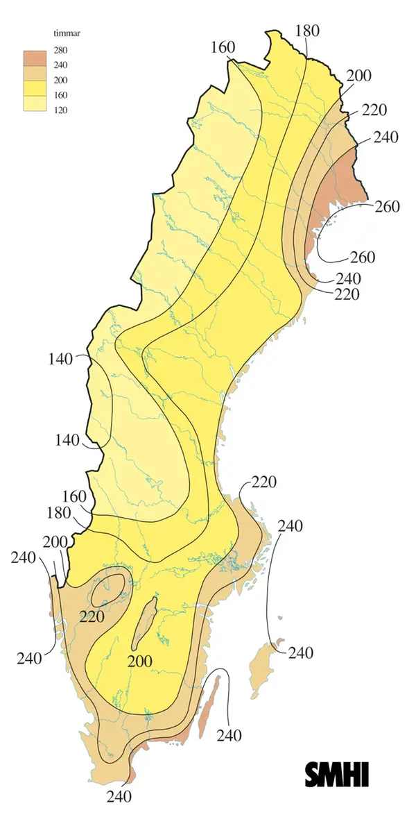 Karta med soltimmar under augusti 2012.