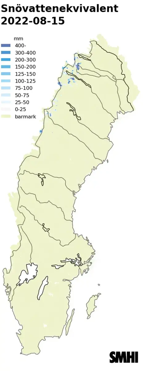 Karta över snötäckets beräknade vattenvärde 15 augusti 2022.