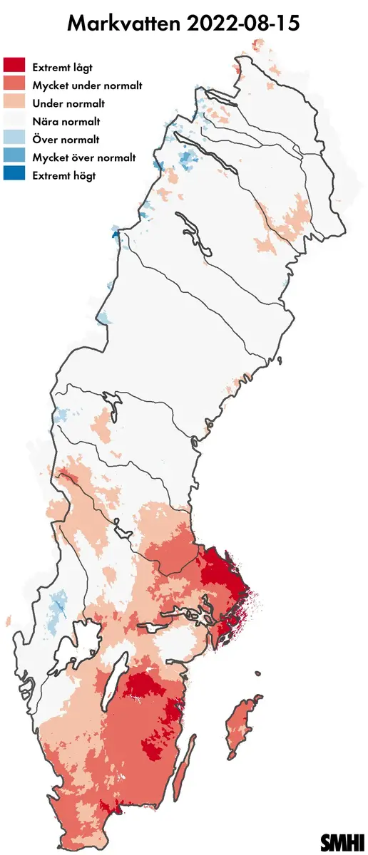 Beräknad markvattenhalt 15 augusti 2022 jämfört med medelvärdet för samma dag för perioden 1981-2020.