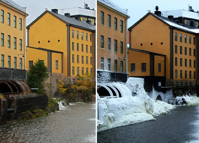 Industrilandskapet Norrköping under sommar och vinter.