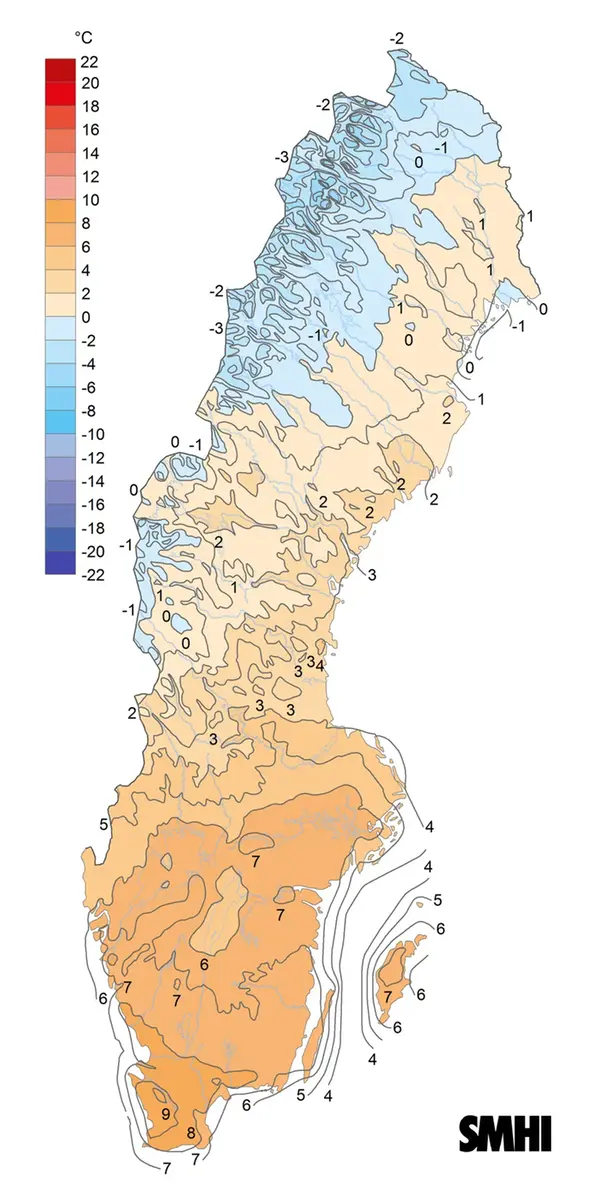 Karta som visar månadsmedeltemperaturen under april 2018.