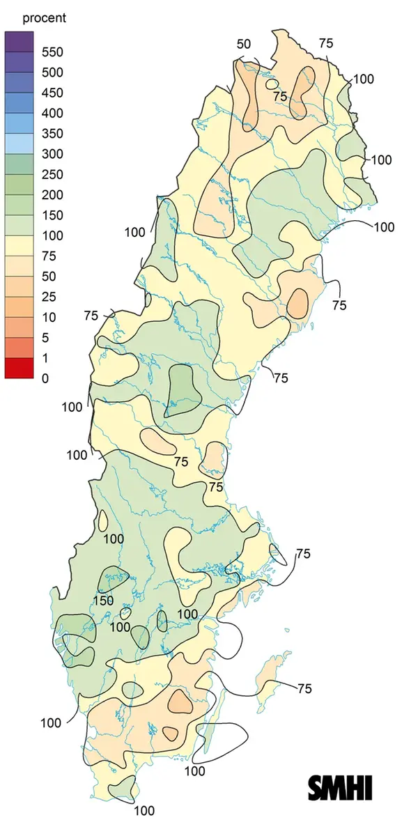 Karta som visar nederbördens avvikelse från det normala under april 2018.