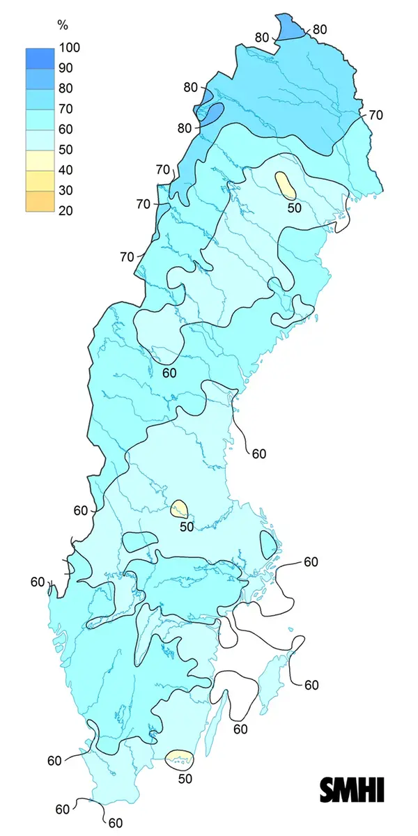 Karta som visar medelvärde av molnighet klockan 07, 13 och 19 under april 2018.
