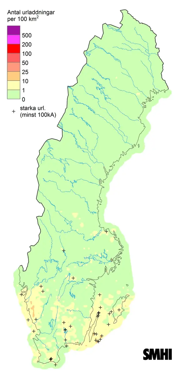 Karta som visar totalt antal blixtar under april 2018.