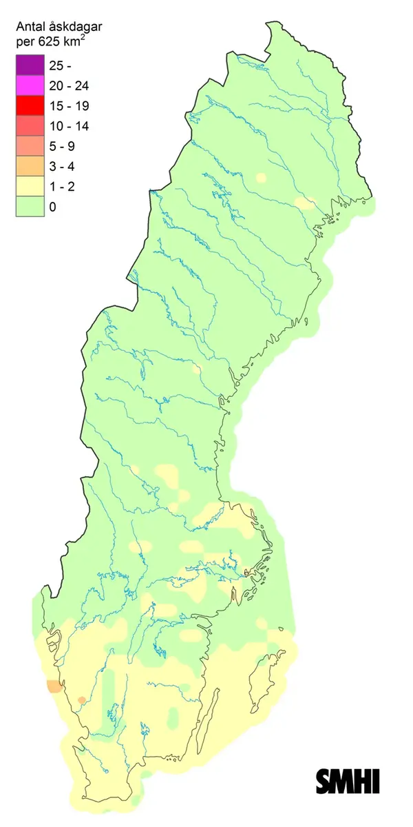 Karta som visar antal åskdagar under april 2018.