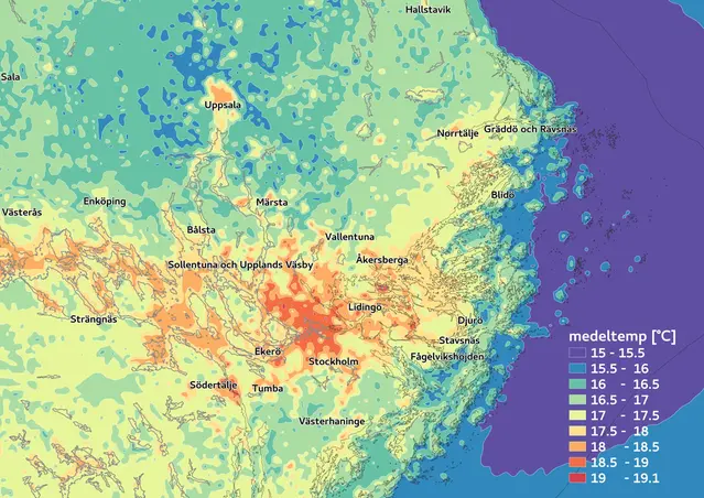 Kartillustration som visar medelvärde av lufttemperatur 2 meter över marken under sommaren 2014 i Stockholm.