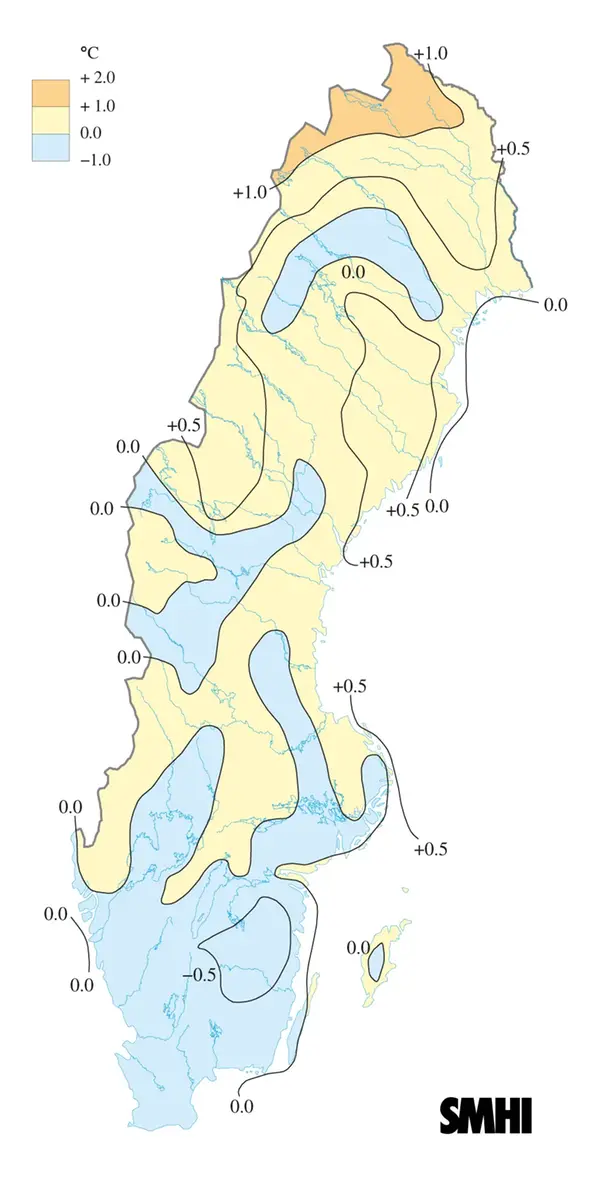 Karta över medeltemperaturens avvikelse från det normala under våren 2013.