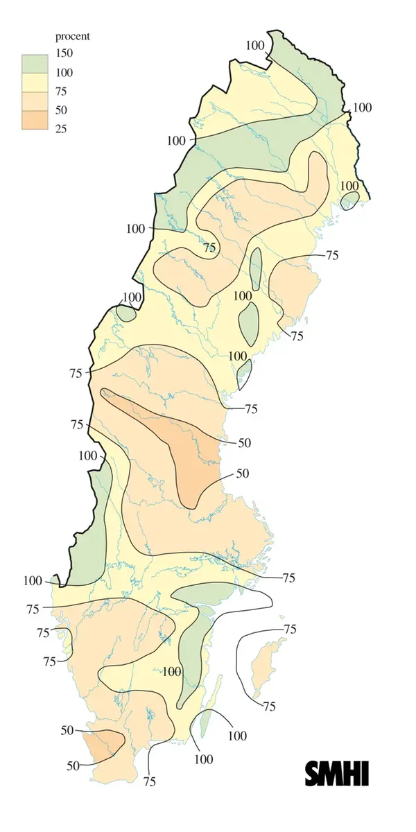 Karta över nederbörd i procent av det normala under våren 2013.
