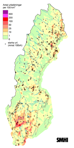 Sverigekarta som visar totalt antal blixtar under juli 2024.