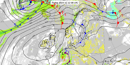 Bilden visar analys av väderläget vid midnatt isländsk tid den 12 november 2024.