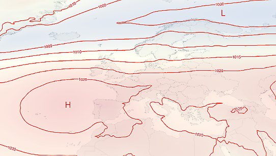 Karta över Europa med medellufttrycket i Europa för december 2024.